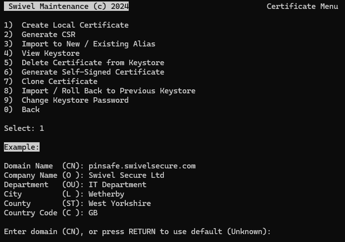 Example of entering certificate details such as FQDN and Organization
