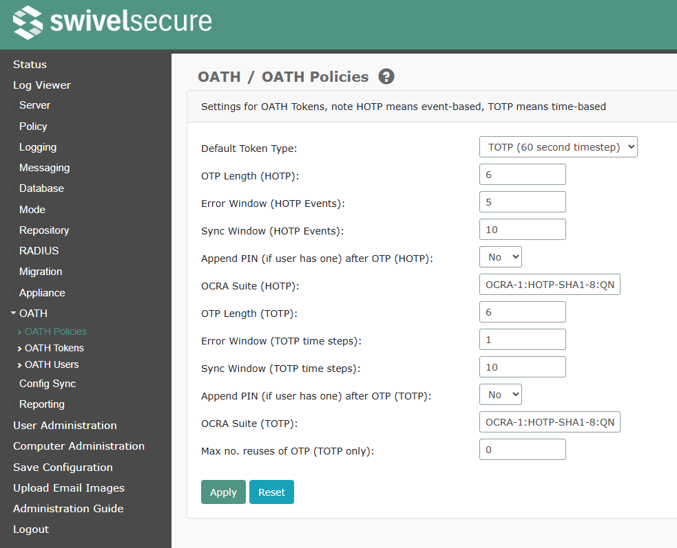 OATH Policies Screen