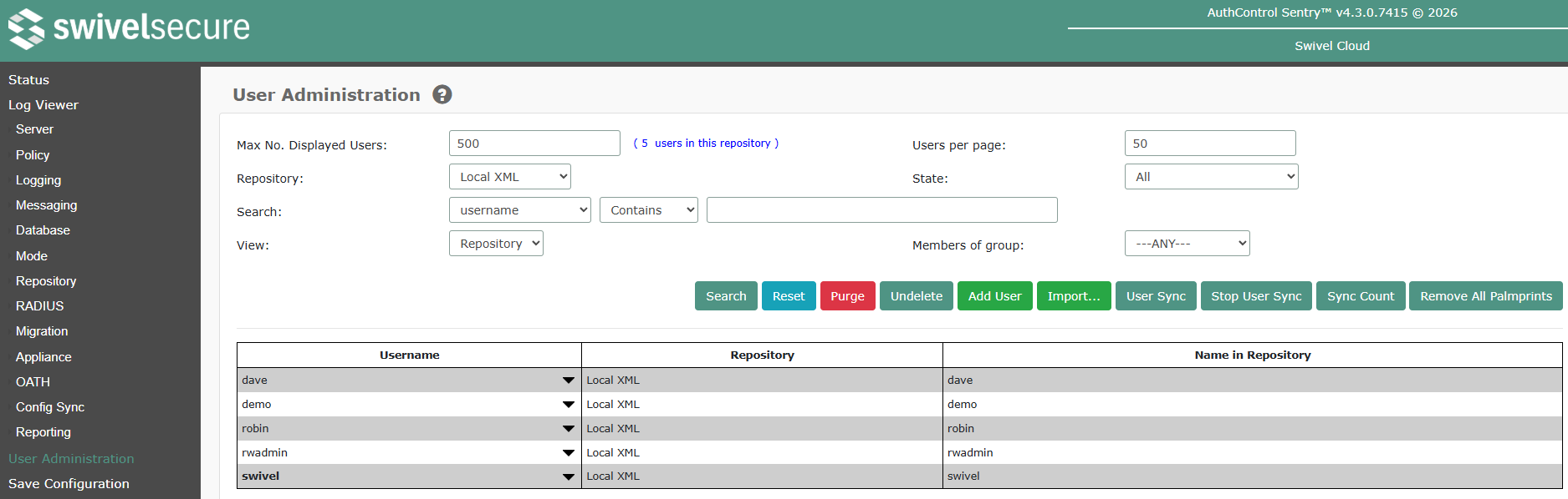 User Administration Repository View
