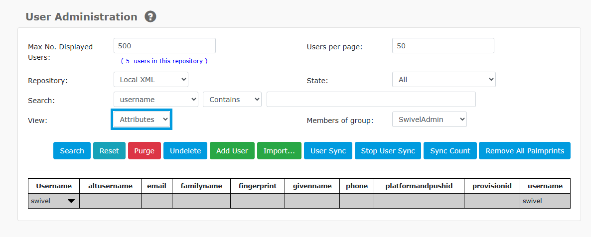 User Administration Attributes View