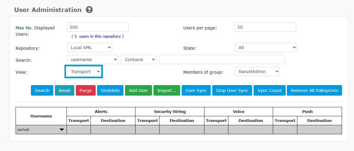 User Administration Transport View